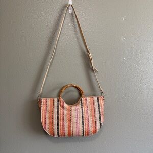 JustFab Wicker Circle Bag with Cane Handle and Boho Colors